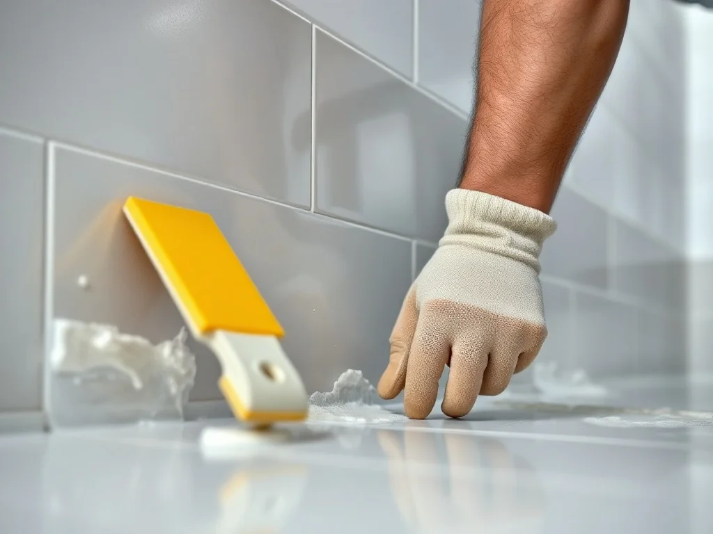 Pracownik budowlany precyzyjnie wypełnia spoiny między płytkami ceramicznymi przy użyciu gumowej pacy.